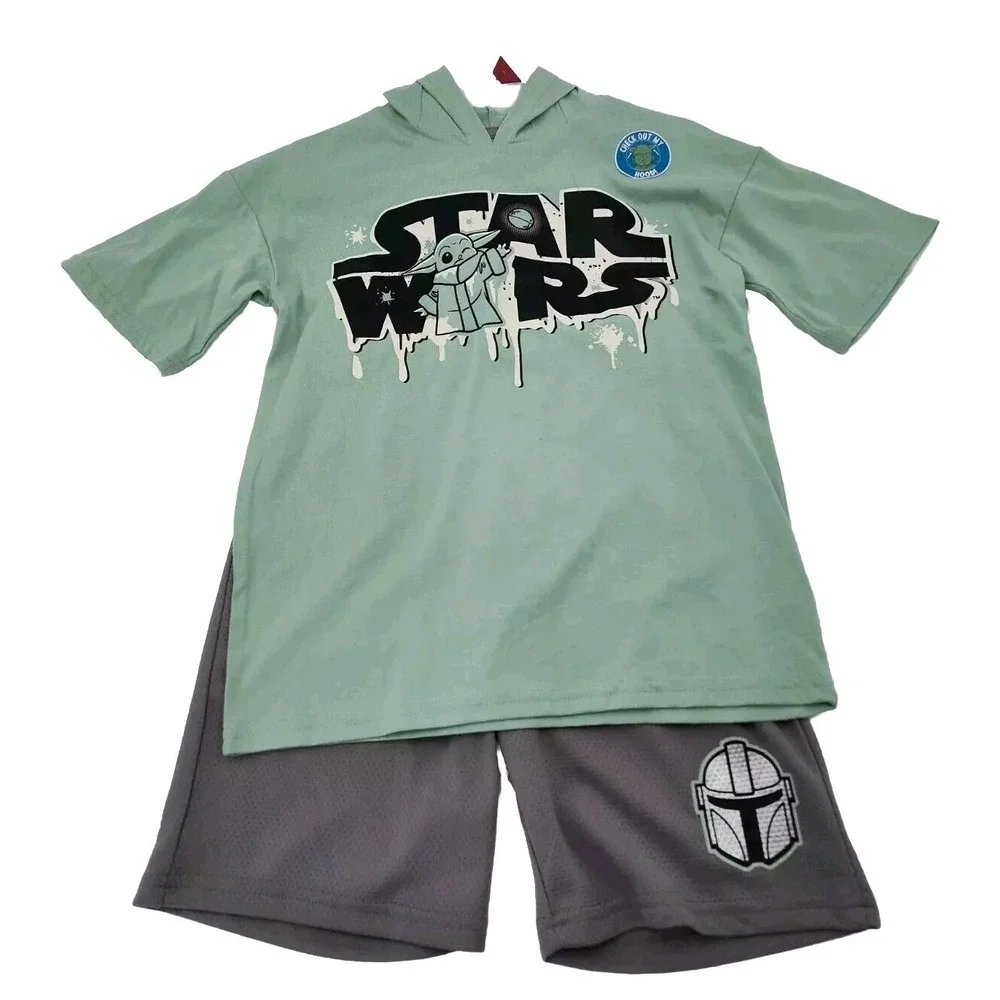 ✅🩳👕STAR WARS Boys SHIRT SHORTS Size 7 Set 2-Pieces Mandalorian Disney👀SEE📏📸